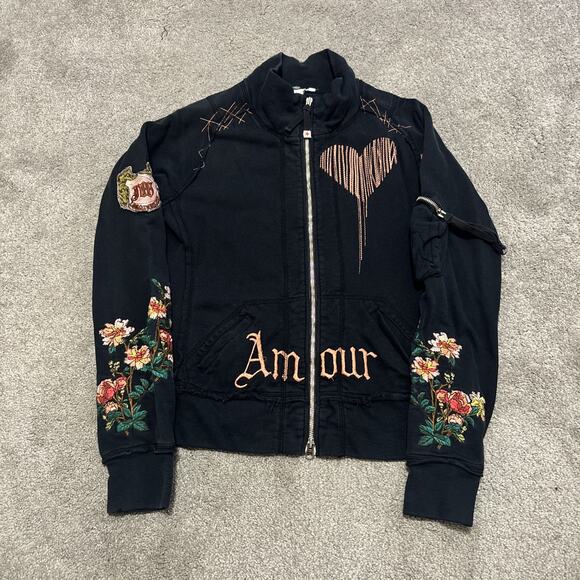 JWLA Johnny Was Black Chain Stitch AMOUR Lion Y2K Zip Sweatshirt Size Small - Picture 1 of 12